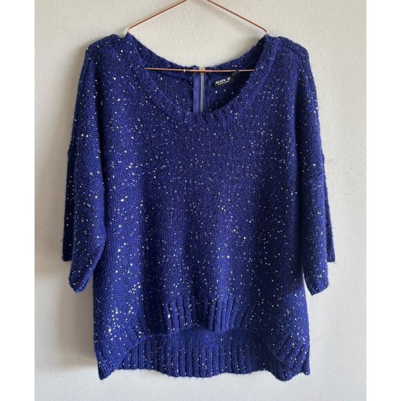 Allen B by Allen Schwartz Womens Blue Sequin Knit Sweater Top 3/4 Sleeve Size L - Picture 6 of 14